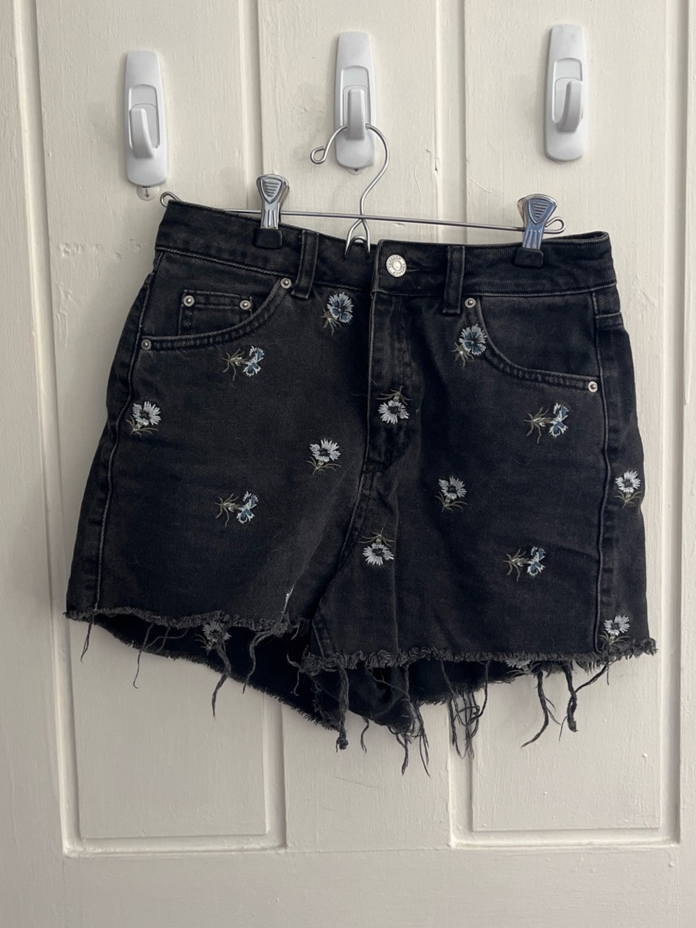 Black Floral Embroidered Denim Mini Shorts